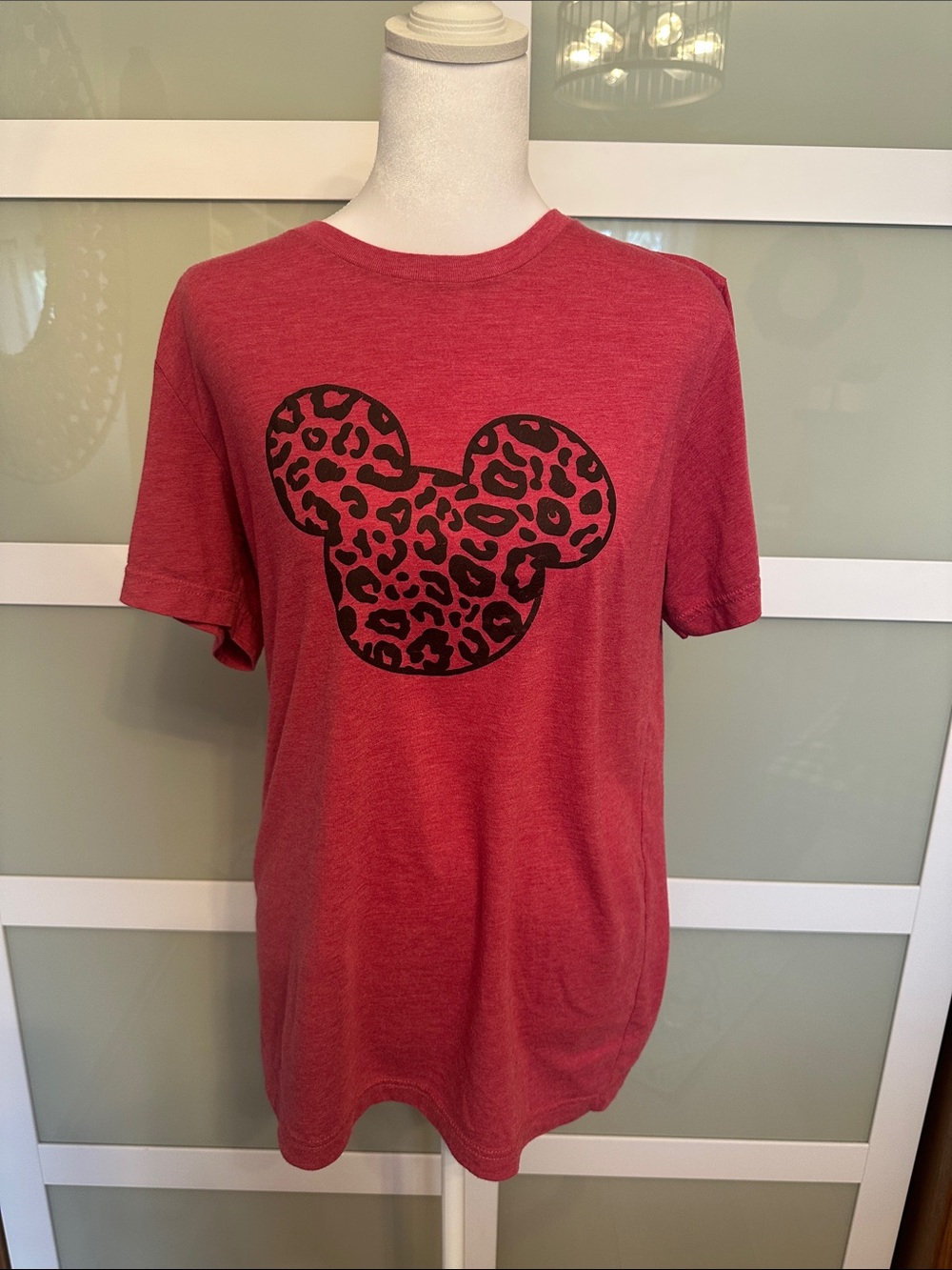 Red Tee with Black Leopard Mickey Graphic